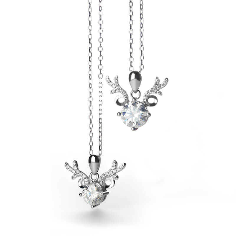 Round Moissanite Deer Antlers Pendant Necklace in Sterling Silver