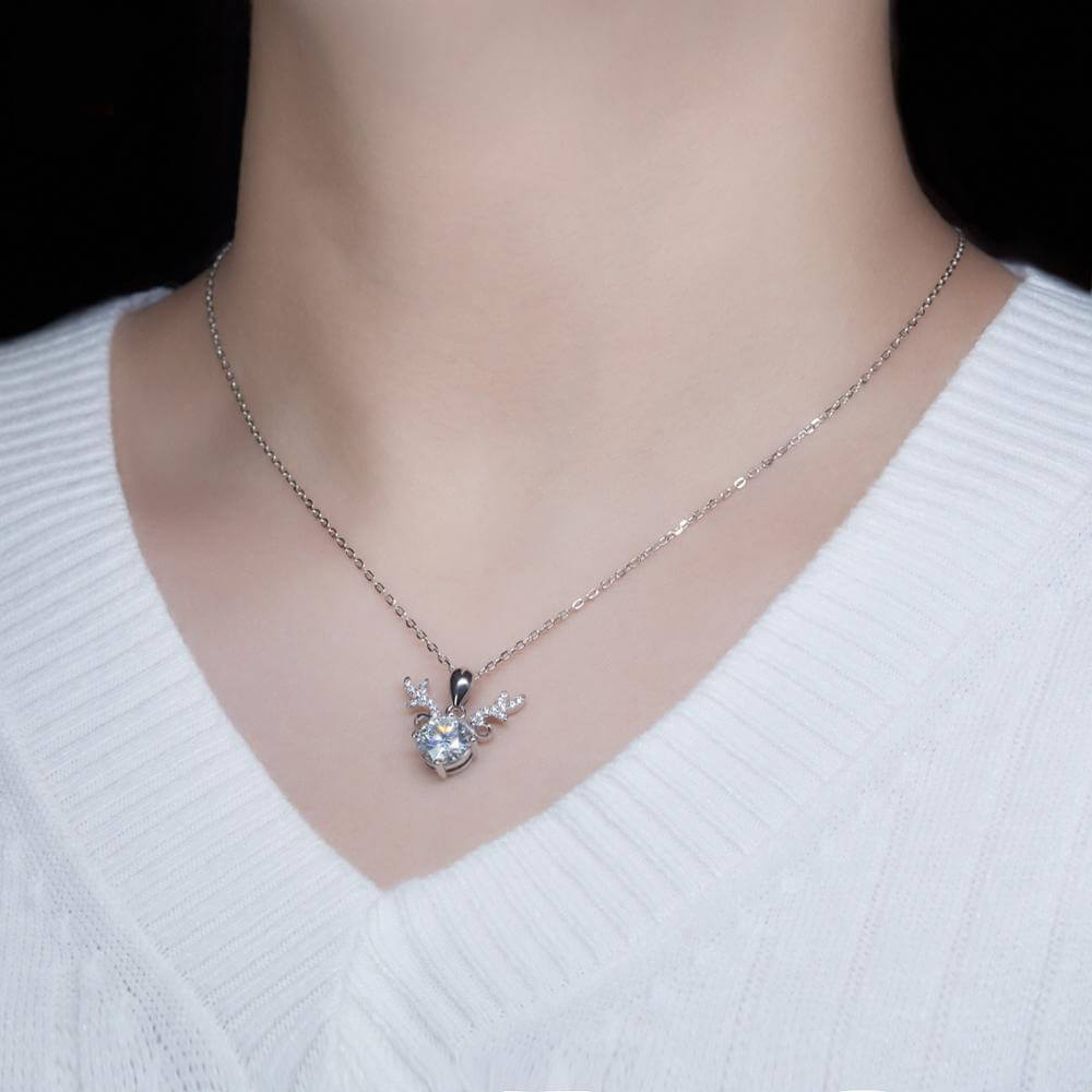 Round Moissanite Deer Antlers Pendant Necklace in Sterling Silver