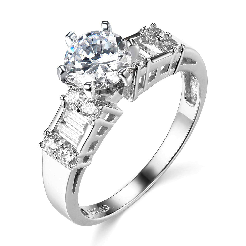 Round Moissanite Emerald-Cut Side Stone Engagement Ring