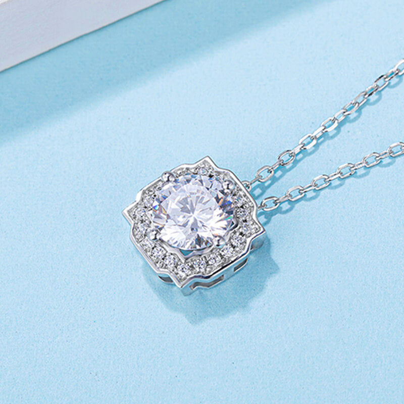 Round Moissanite Halo Bezel Sterling Silver Necklace