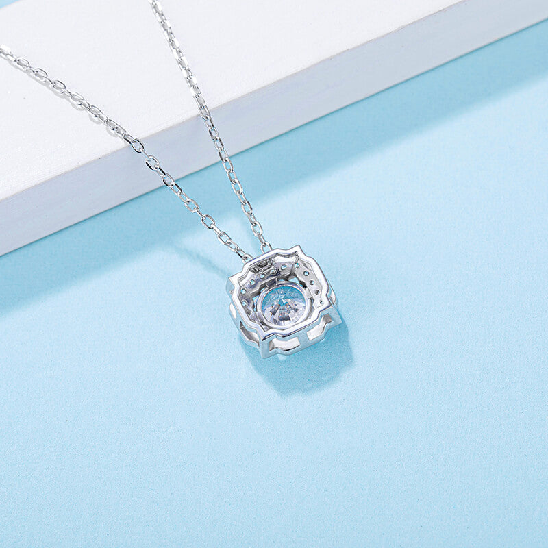 Round Moissanite Halo Bezel Sterling Silver Necklace