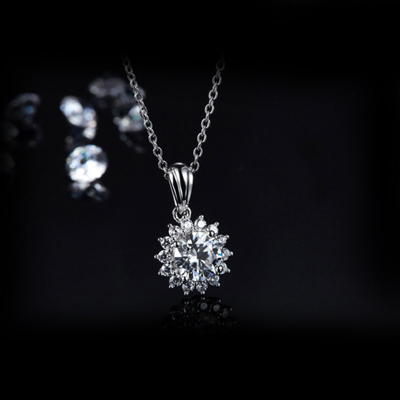 Round Moissanite Halo Sunflower Sterling Silver Necklace