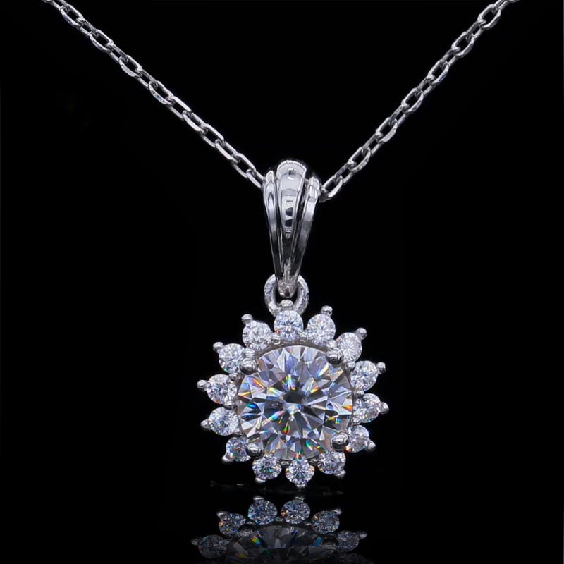 Round Moissanite Halo Sunflower Sterling Silver Necklace