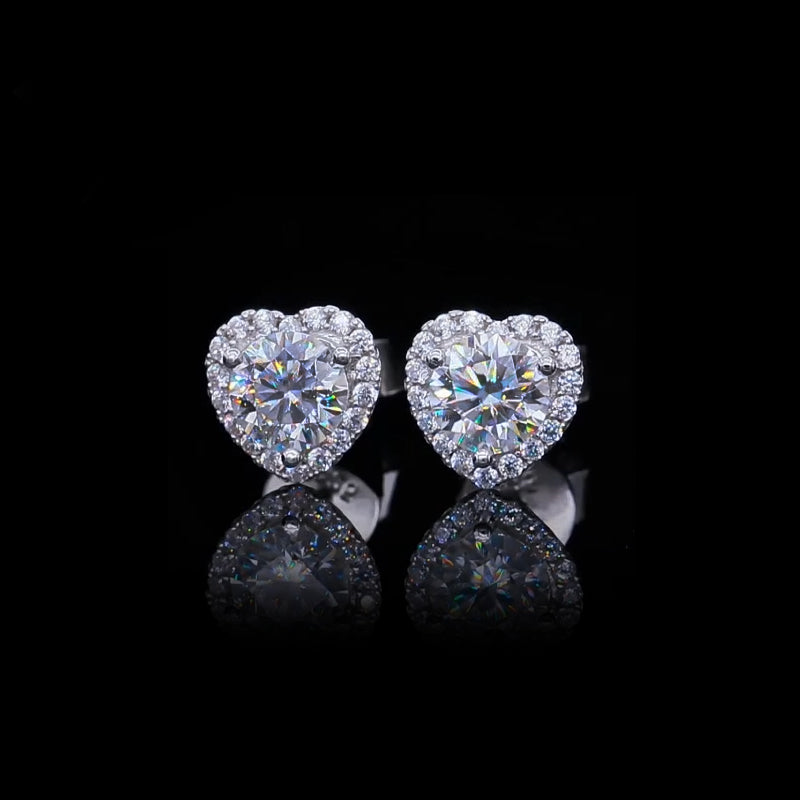 Round Moissanite Heart-Shaped Halo Sterling Silver Stud Earrings