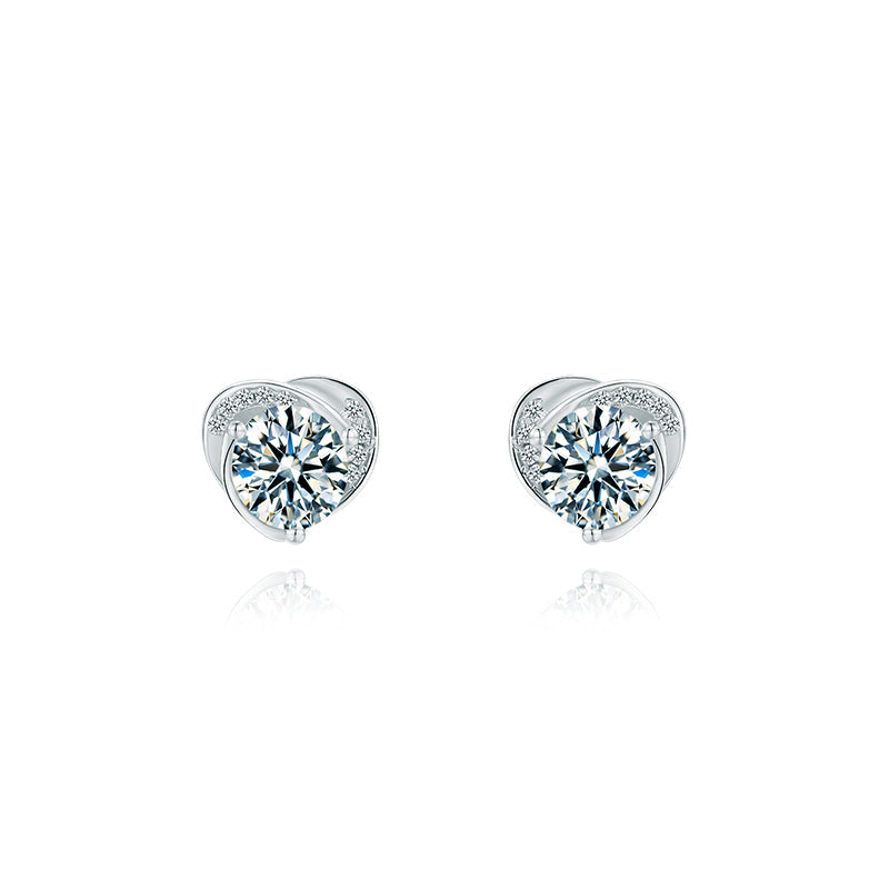 Round Moissanite Heart-Shape SideStone Sterling Silver Stud Earrings