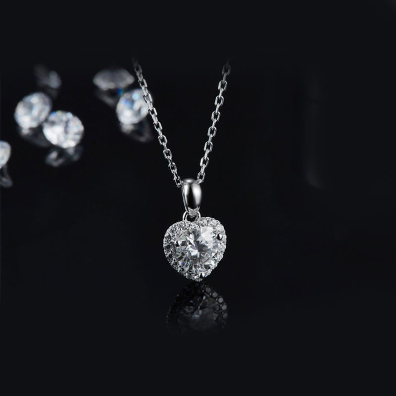 Round Moissanite Heart-Shaped Halo Sterling Silver Necklace