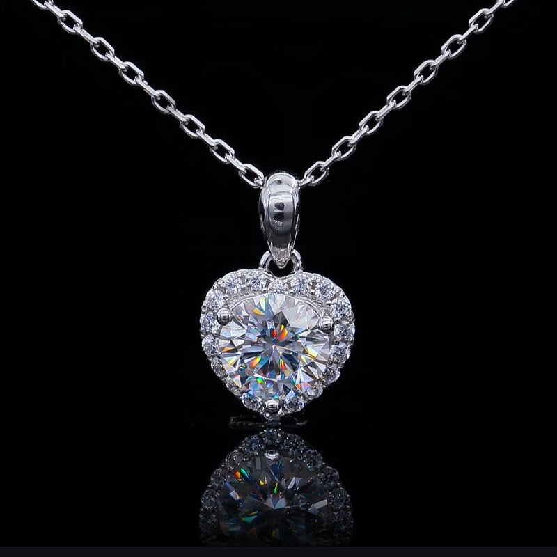 Round Moissanite Heart-Shaped Halo Sterling Silver Necklace