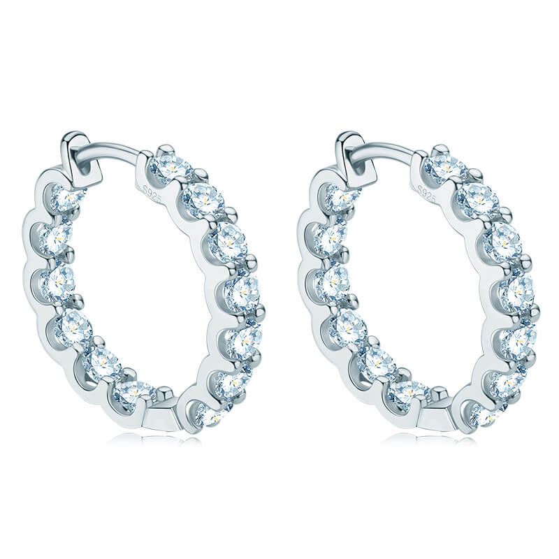 Round Moissanite Hoop Pave Sterling Silver Earrings