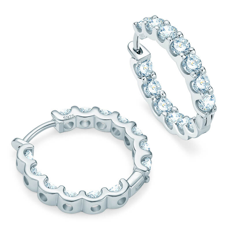 Round Moissanite Hoop Pave Sterling Silver Earrings