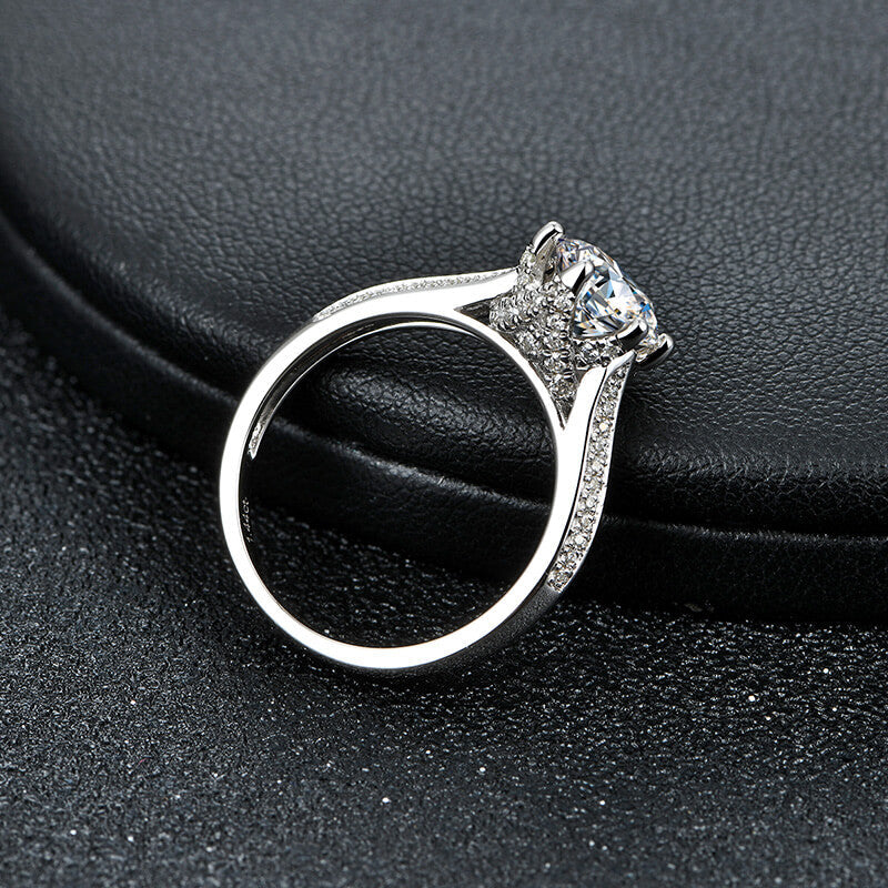 Round Moissanite Side Stone Pave Sterling Silver Engagement Ring