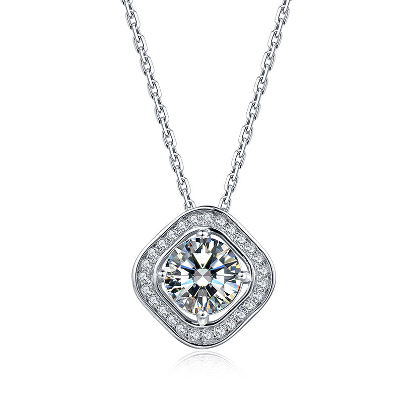 Round Moissanite Square Halo Sterling Silver Necklace