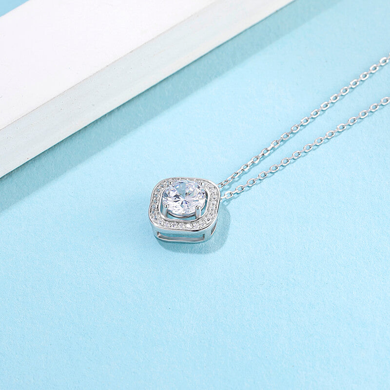 Round Moissanite Square Halo Sterling Silver Necklace