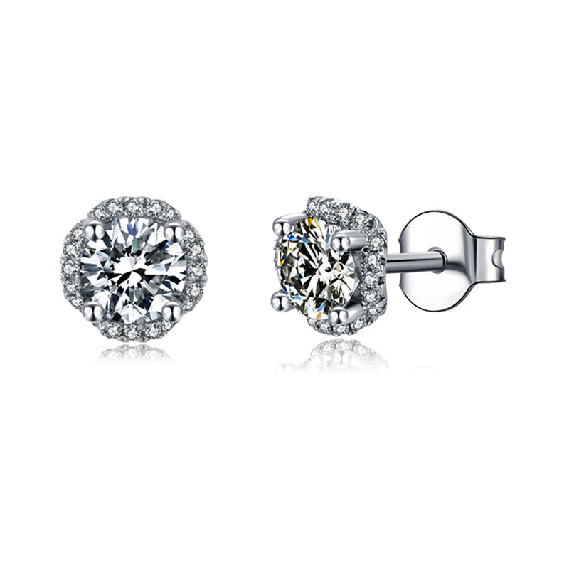 Halo Round Moissanite Sterling Silver Stud Earrings