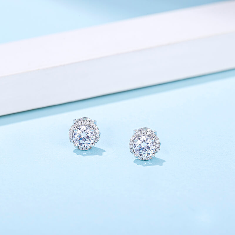 Halo Round Moissanite Sterling Silver Stud Earrings