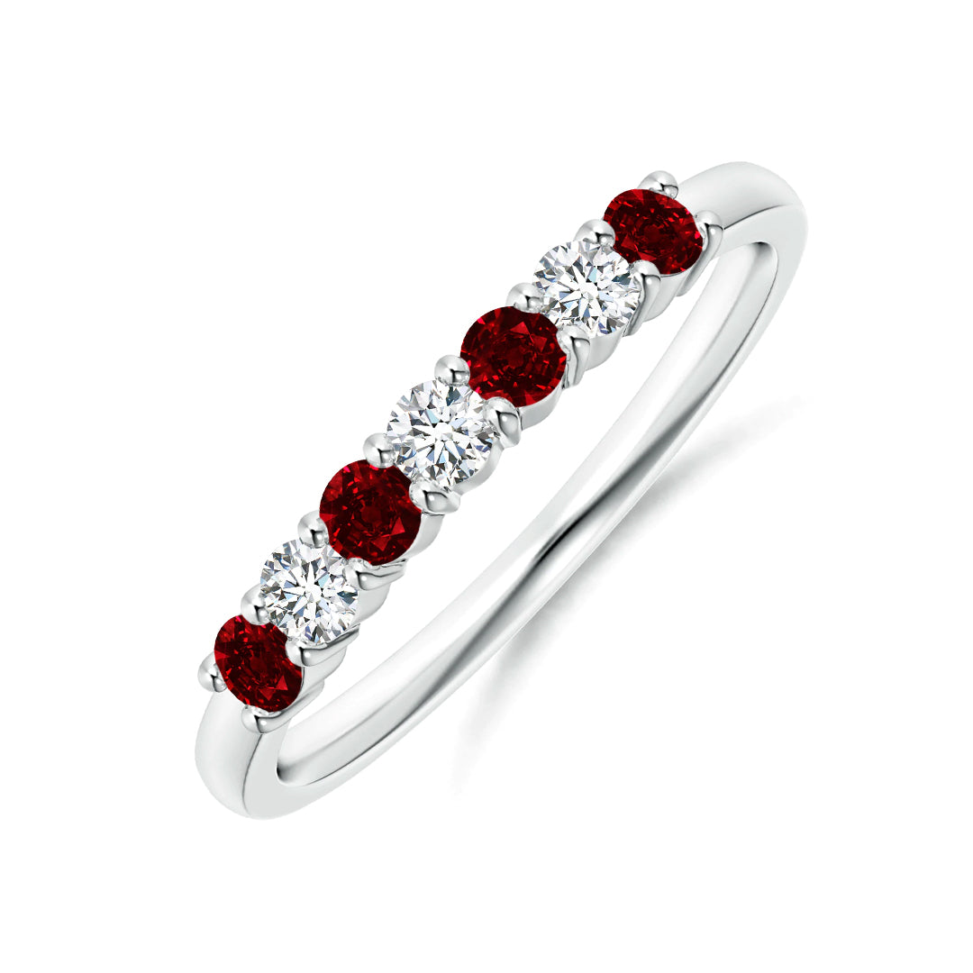 Seven Stone Moissanite and Ruby Wedding Band Ring In Sterling Silver