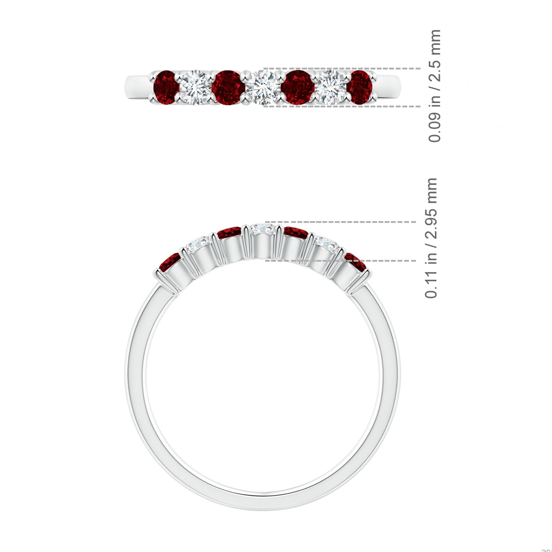 Seven Stone Moissanite and Ruby Wedding Band Ring In Sterling Silver