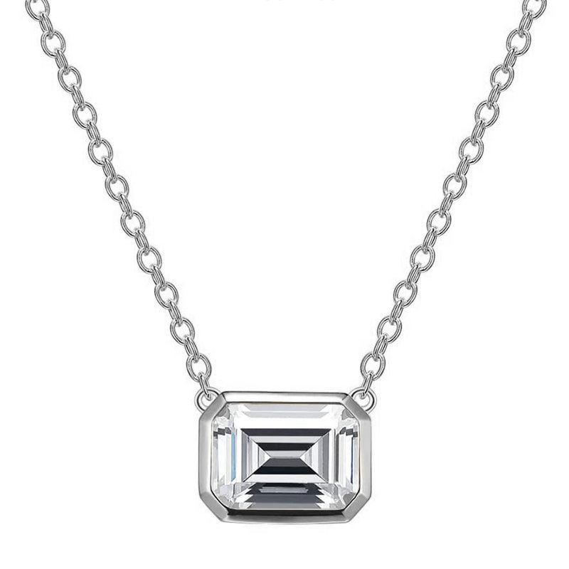 Solitaire Bezel Emerald-Cut Moissanite Necklace In Sterling Silver