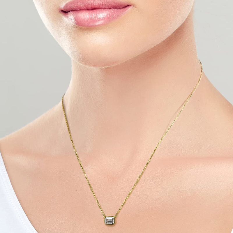 Solitaire Bezel Emerald-Cut Moissanite Necklace In Sterling Silver