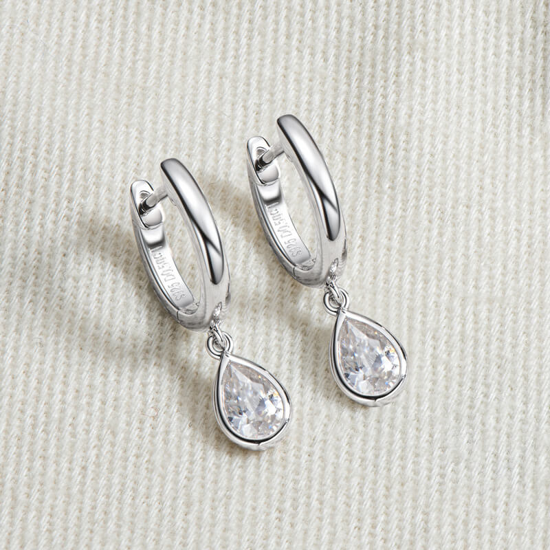 Solitaire Bezel Pear Moissanite Drop Earrings In Sterling Silver