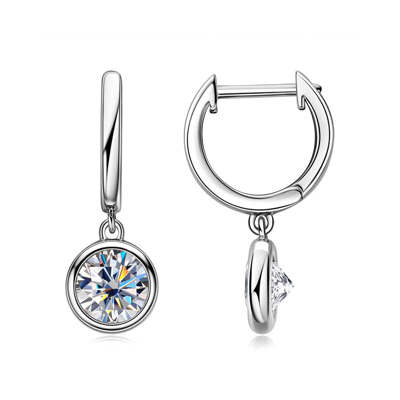 Solitaire Moissanite Bezel Drop Huggie Hoop Earrings In Sterling Silver