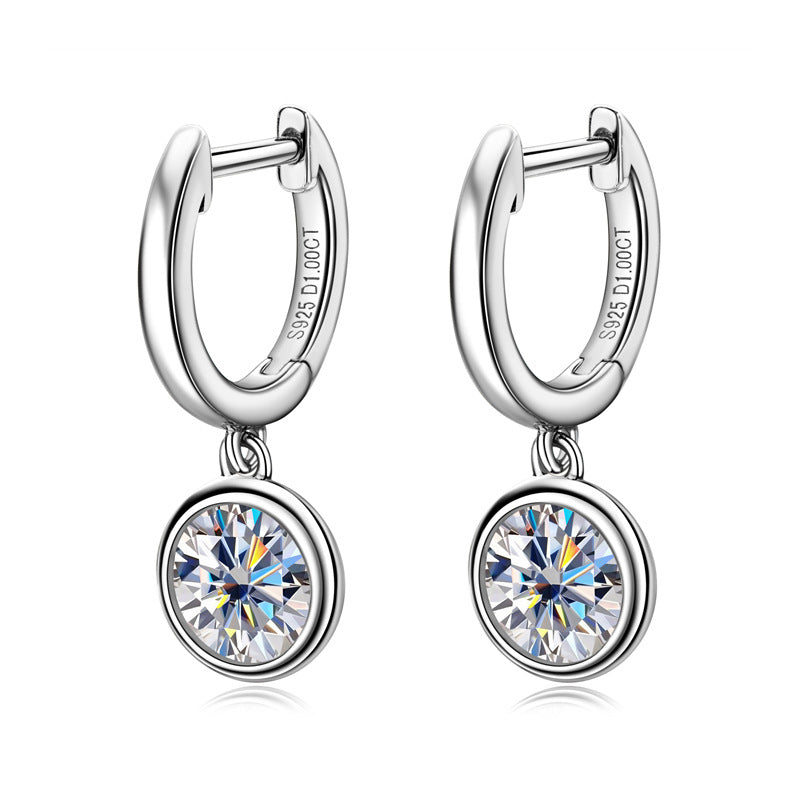 Solitaire Moissanite Bezel Drop Huggie Hoop Earrings In Sterling Silver