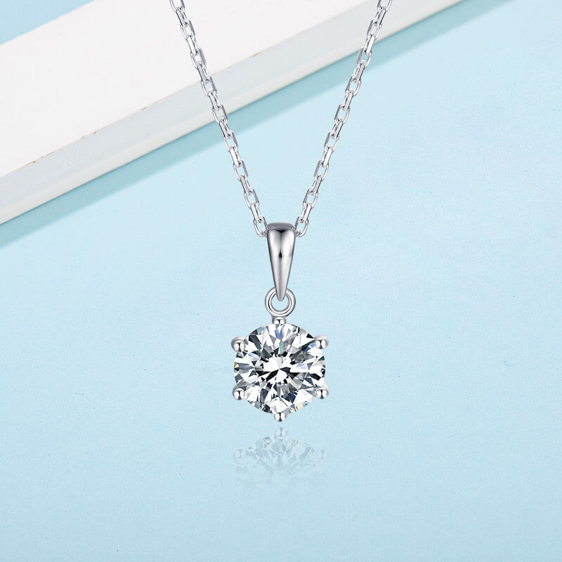 Solitaire Moissanite Six-Prong Sterling Silver Necklace Pendant