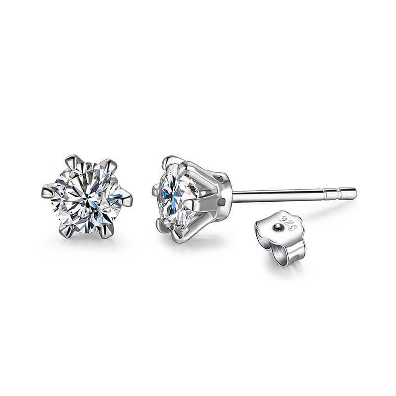 Solitaire Moissanite Six Prong Sterling Silver Stud Earrings