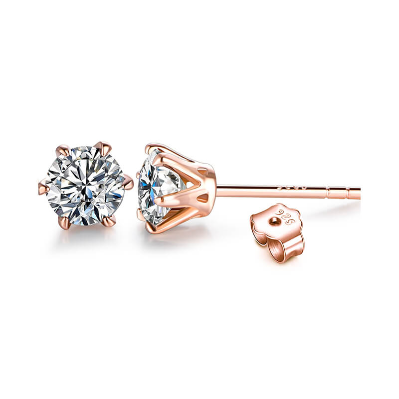 Solitaire Moissanite Six Prong Sterling Silver Stud Earrings