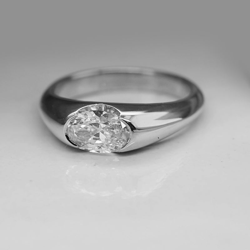 Solitaire Oval Moissanite Half Bezel Set Engagement Ring