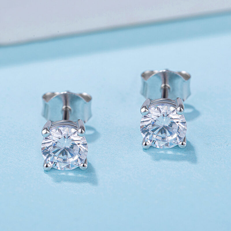 Solitaire Round Moissanite Four Prong Sterling Silver Stud Earrings