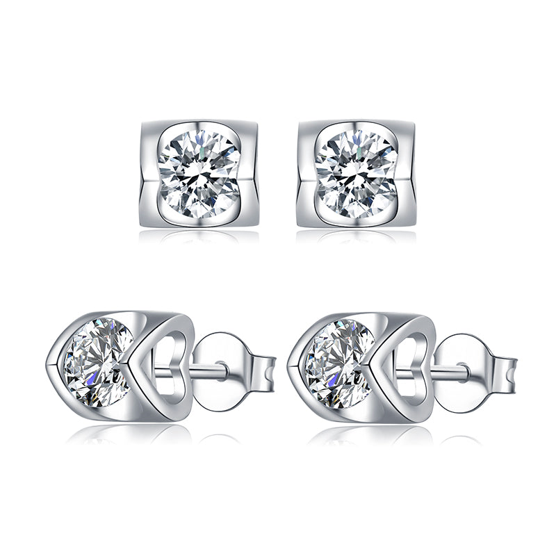 Solitaire Round Moissanite Heart-Shape Sterling Silver Stud Earrings