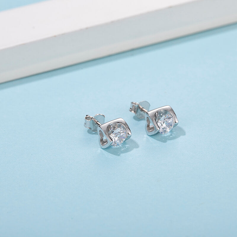 Solitaire Round Moissanite Heart-Shape Sterling Silver Stud Earrings