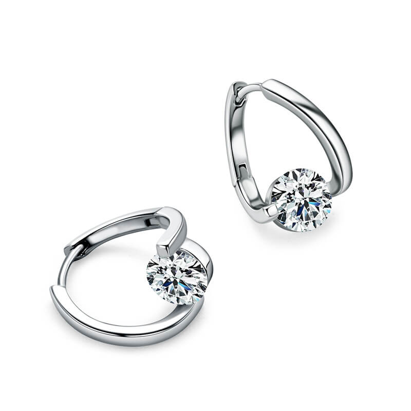 Solitaire Round Moissanite Hoop Earrings In Sterling Silver