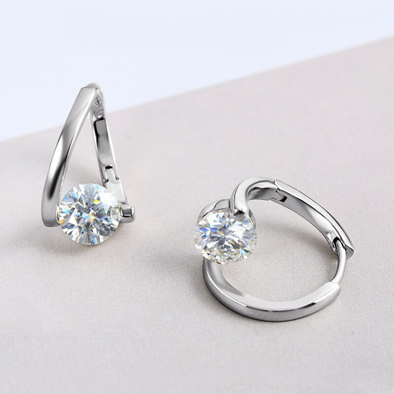 Solitaire Round Moissanite Hoop Earrings In Sterling Silver