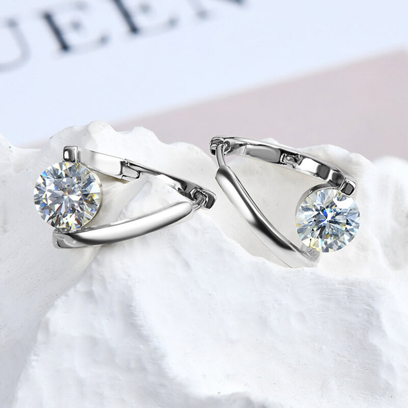 Solitaire Round Moissanite Hoop Earrings In Sterling Silver