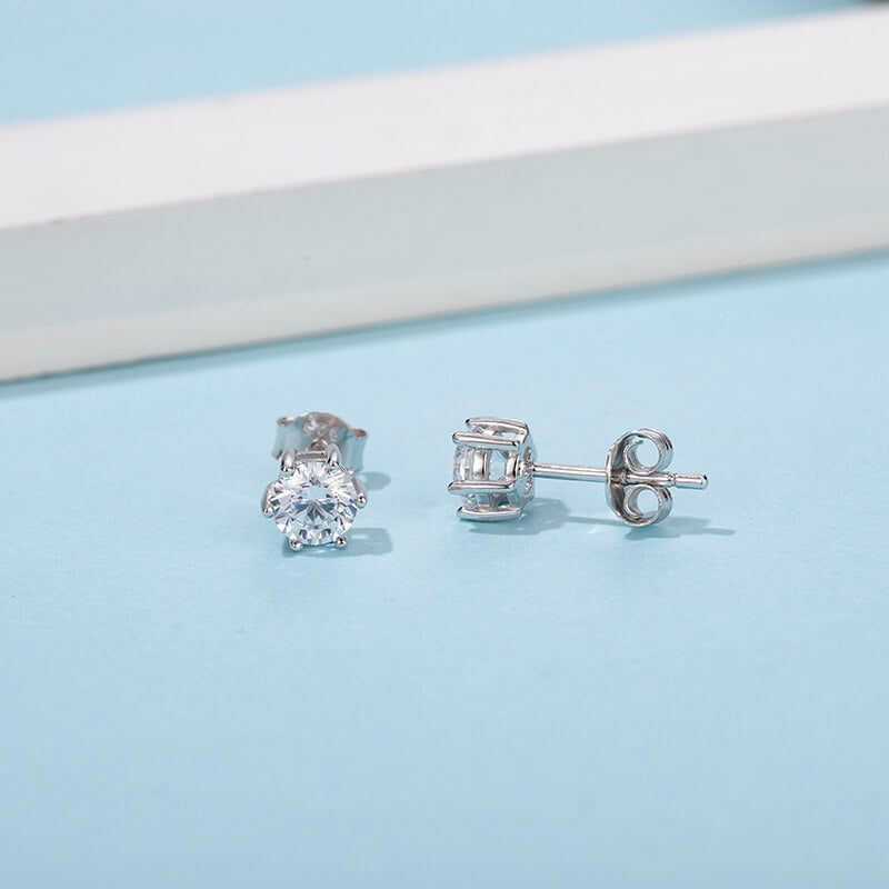 Solitaire Round Moissanite Six Prong Sterling Silver Stud Earrings