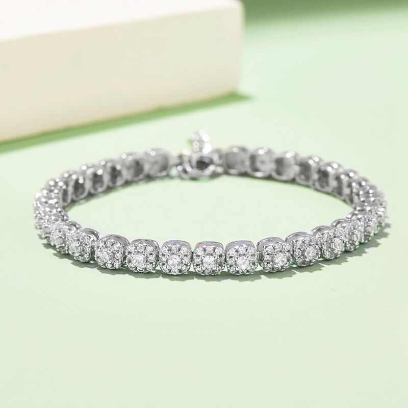 Square Halo Round Moissanite Tennis Sterling Silver Bracelet