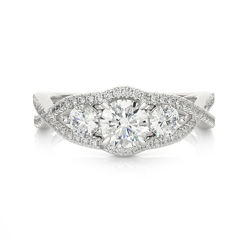 Three Stone Moissanite Split Shank Twisted Pave Engagement Ring