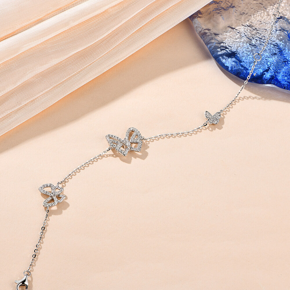 Three Butterfly Moissanite Sterling Silver Bracelet