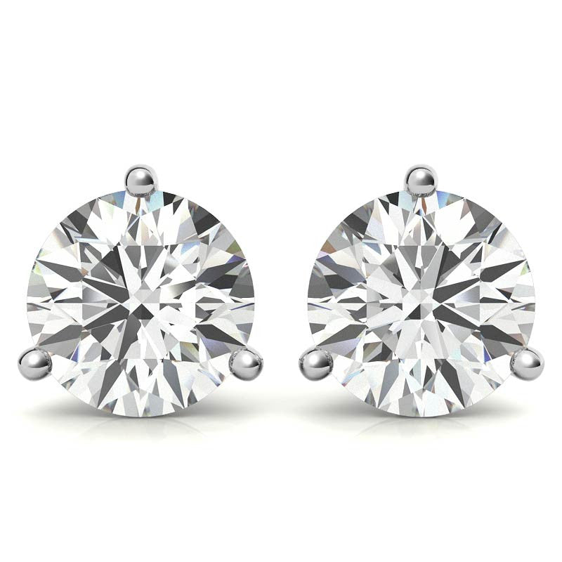 Martini Three Prong Solitaire Moissanite Stud Earrings In Sterling Silver