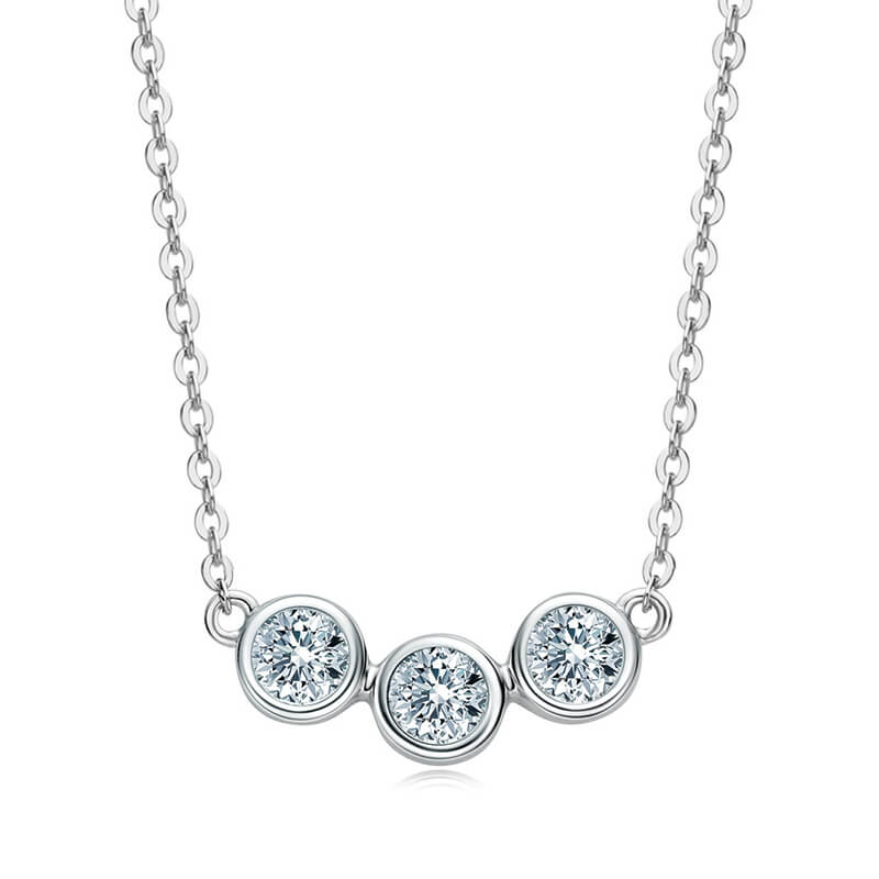 Three Stone Bezel Set Moissanite Sterling Silver Necklace