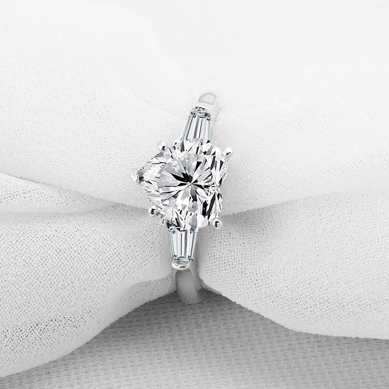 Three Stone Heart Moissanite Tapered Baguette Engagement Ring