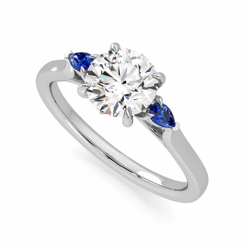 Three Stone Moissanite And Blue Sapphire Engagement Ring