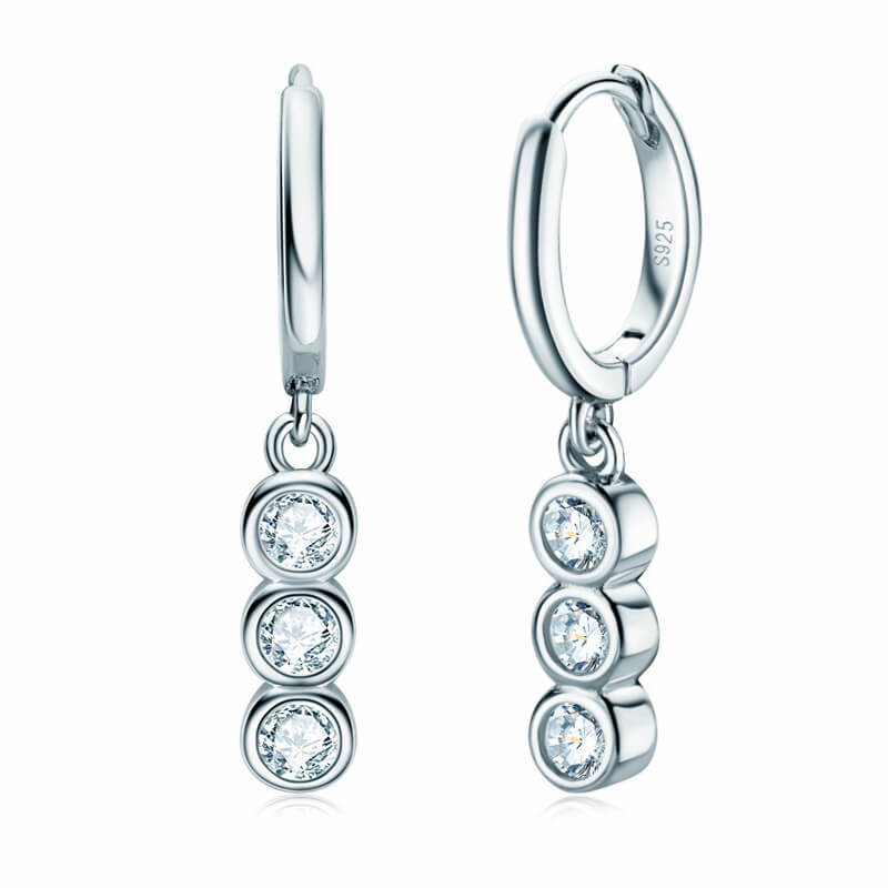 Three Stone Moissanite Drop Earrings In Sterling Silver