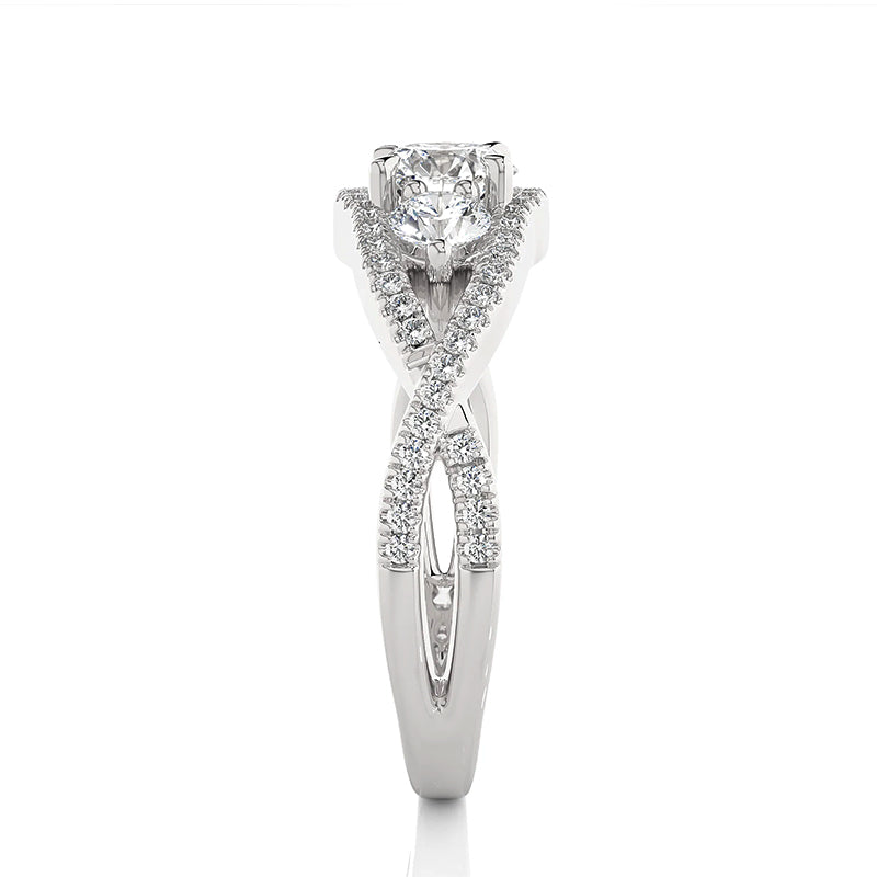 Three Stone Moissanite Split Shank Twisted Pave Engagement Ring