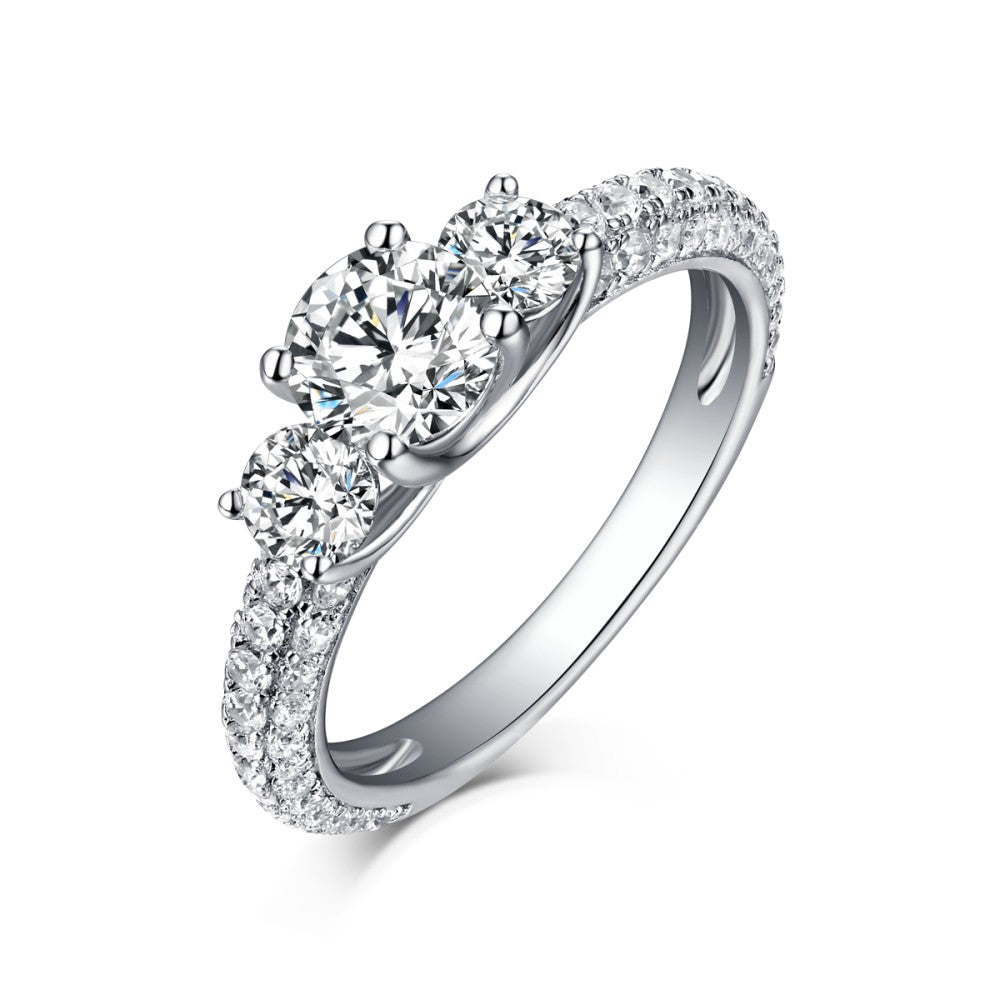 Three Stone Moissanite Triple Row Pave Accents Engagement Ring