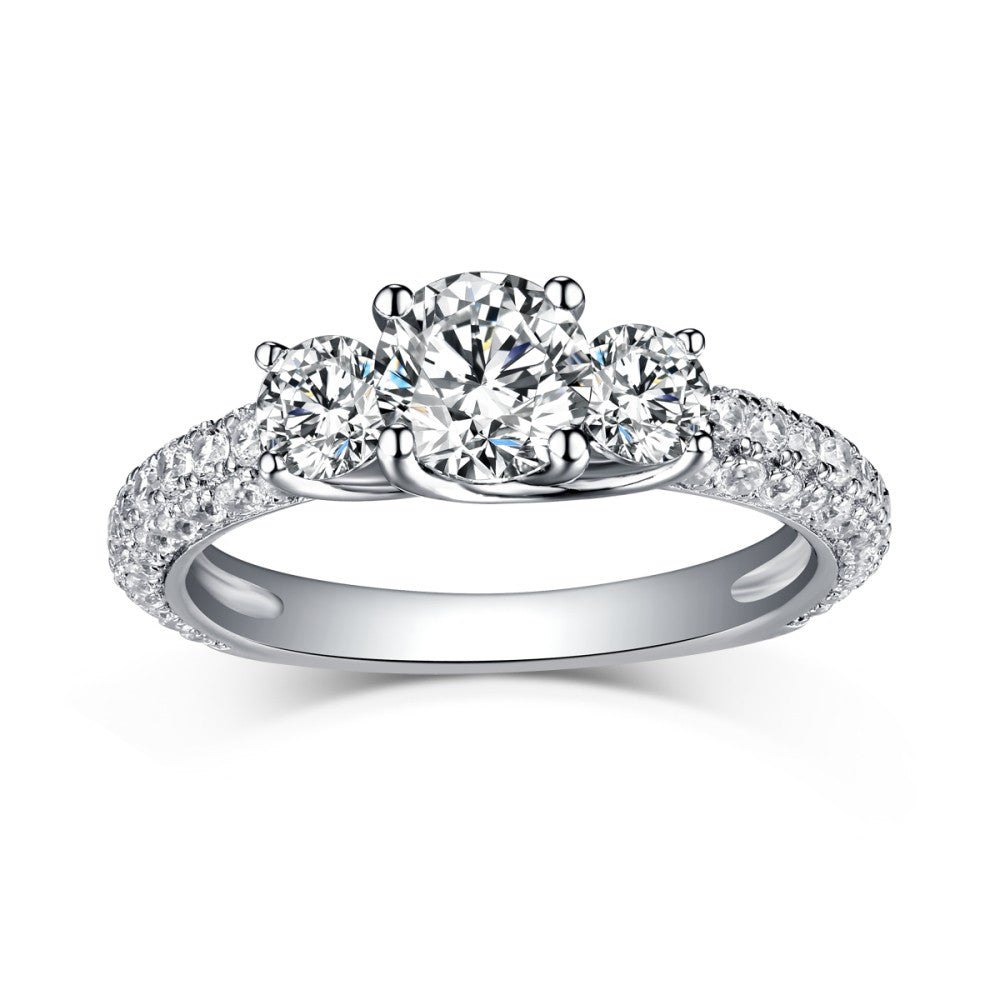 Three Stone Moissanite Triple Row Pave Accents Engagement Ring