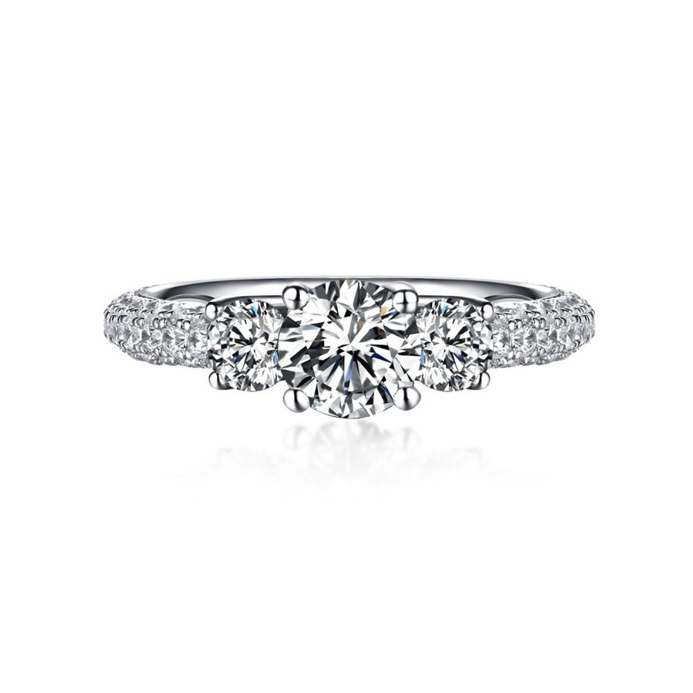 Three Stone Moissanite Triple Row Pave Accents Engagement Ring