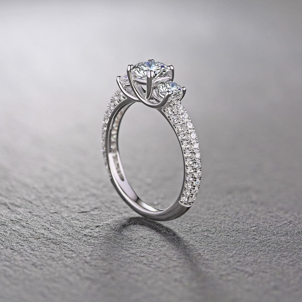 Three Stone Moissanite Triple Row Pave Accents Engagement Ring