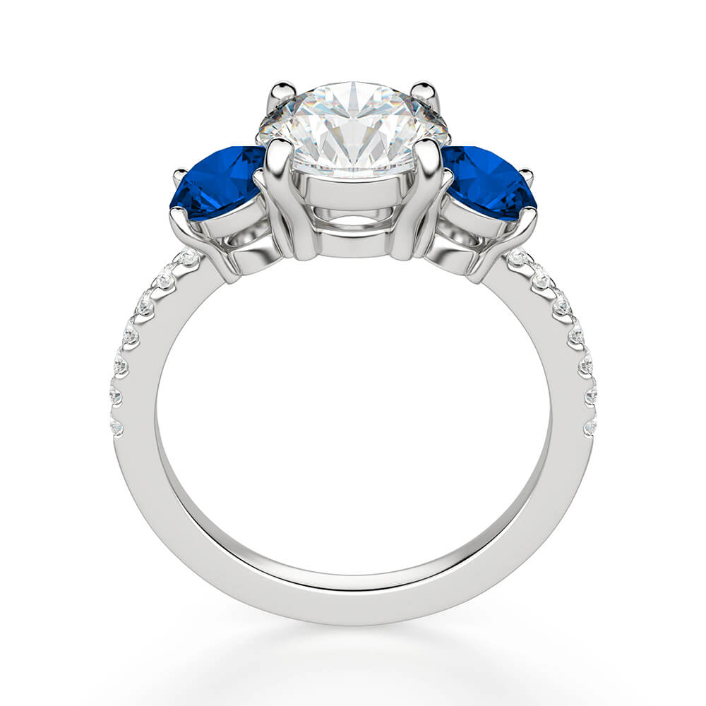 Three Stone Moissanite and Blue Sapphire Pave Engagement Ring